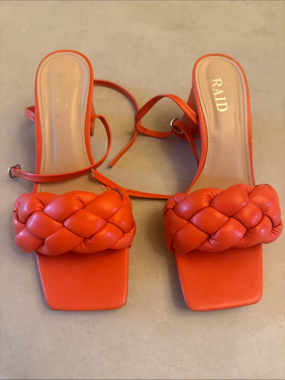 RAID Orange Braided Strap Square-Toe Heeled Sandals